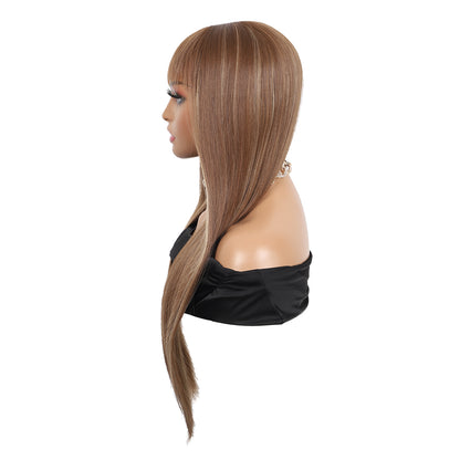 28 inches Champagne Brown Wigs Women's Silky Long Straight Wig Heat Resistant Synthetic Wig With Bangs Hair Wig for Women