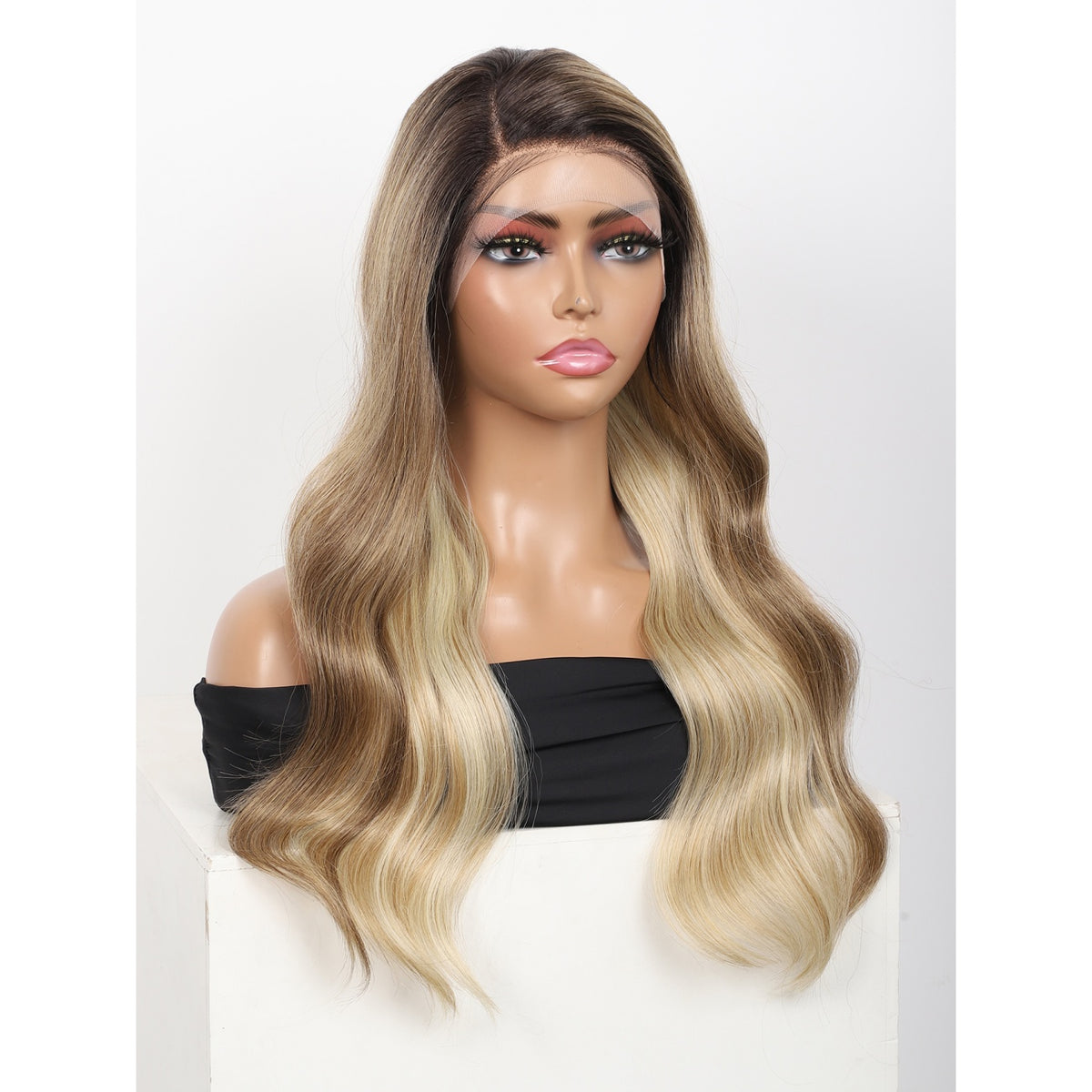 24 Inch Long Curly Wig Side Part  Loose Wave Wig Synthetic Lace Front Wig for Women Ombre Brown Blonde