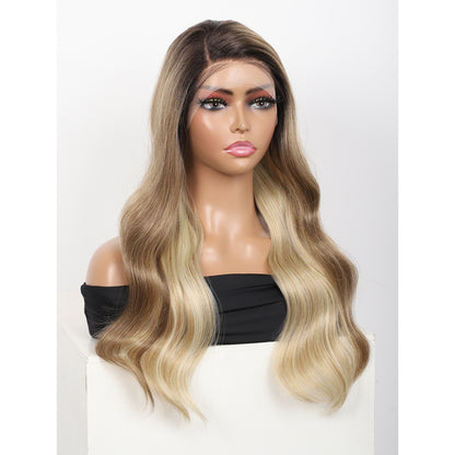 24 Inch Long Curly Wig Side Part  Loose Wave Wig Synthetic Lace Front Wig for Women Ombre Brown Blonde