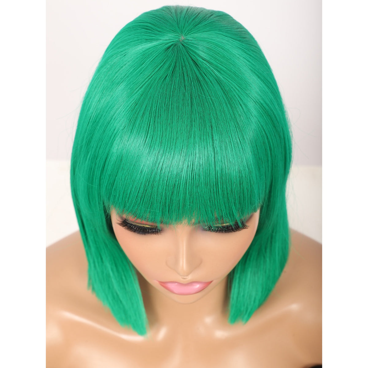 Green Short Straight Bob Wig with Bangs Yaki Short Wig Glueless Natural Look Easy Wear 12"