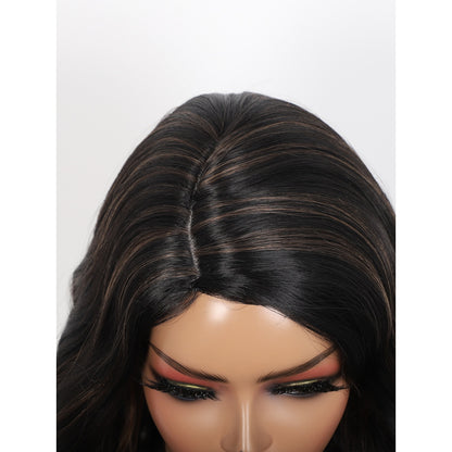 28 inches Black Brown Highlights Yaki Synthetic Hair Wigs for Women Long Body Wavy Curly Wigs L Parting Natural Looking Heat Resistant Replacement Wigs