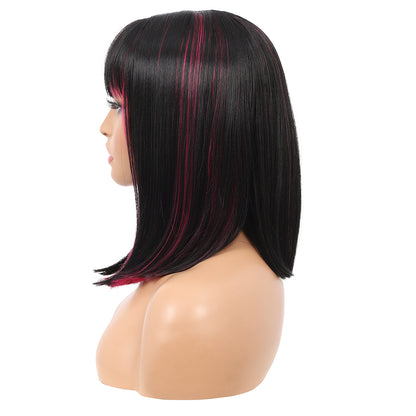 Bob Wigs for Women Short Straight Bob Wig with Hair Bangs Natural Looking Heat Resistant Synthetic Hair Wigs for Women 13 Inches (Black with pink highlights)