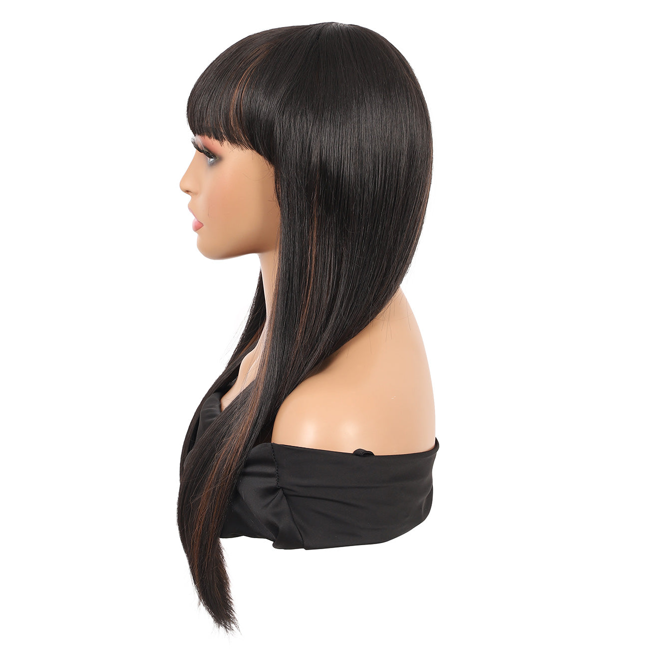 22" Long Straight Silky Smooth Synthetic Hair Wigs with Bangs for Women High Temperature Yaki Texture Full Hair Wigs for Women (Mix Black Brown)
