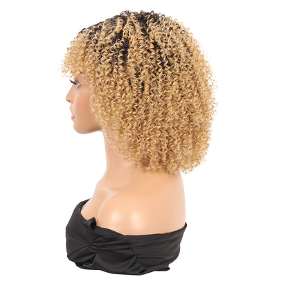 8" Synthetic Short Afro Kinky Curly Wigs for Black Women Realistic Curly Wigs with Hair Bangs Lightweight Soft Bouncy Curls Hair Wigs（Ombre blonde 1）