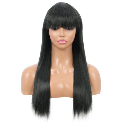 22" Long Straight Silky Smooth Synthetic Hair Wigs with Bangs for Women High Temperature Yaki Texture Full Hair Wigs for Women (Blackish Green)
