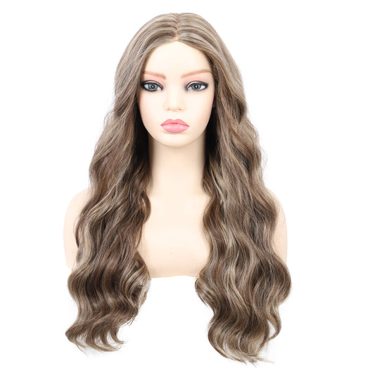 18 Inch T‑Part Lace Front Wig Middle Part Long Water Wave Wig Synthetic Wigs Darily Party Dress Women Wigs（Ash brown mixed blonde）