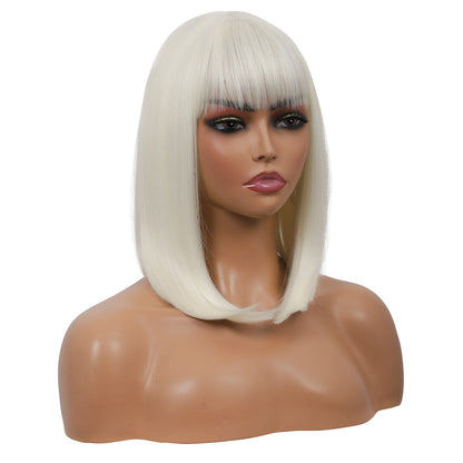Bob Wigs for Women Short Straight Bob Wig with Hair Bangs Natural Looking Heat Resistant Synthetic Hair Wigs for Women 13 Inches (Platinum Blonde)