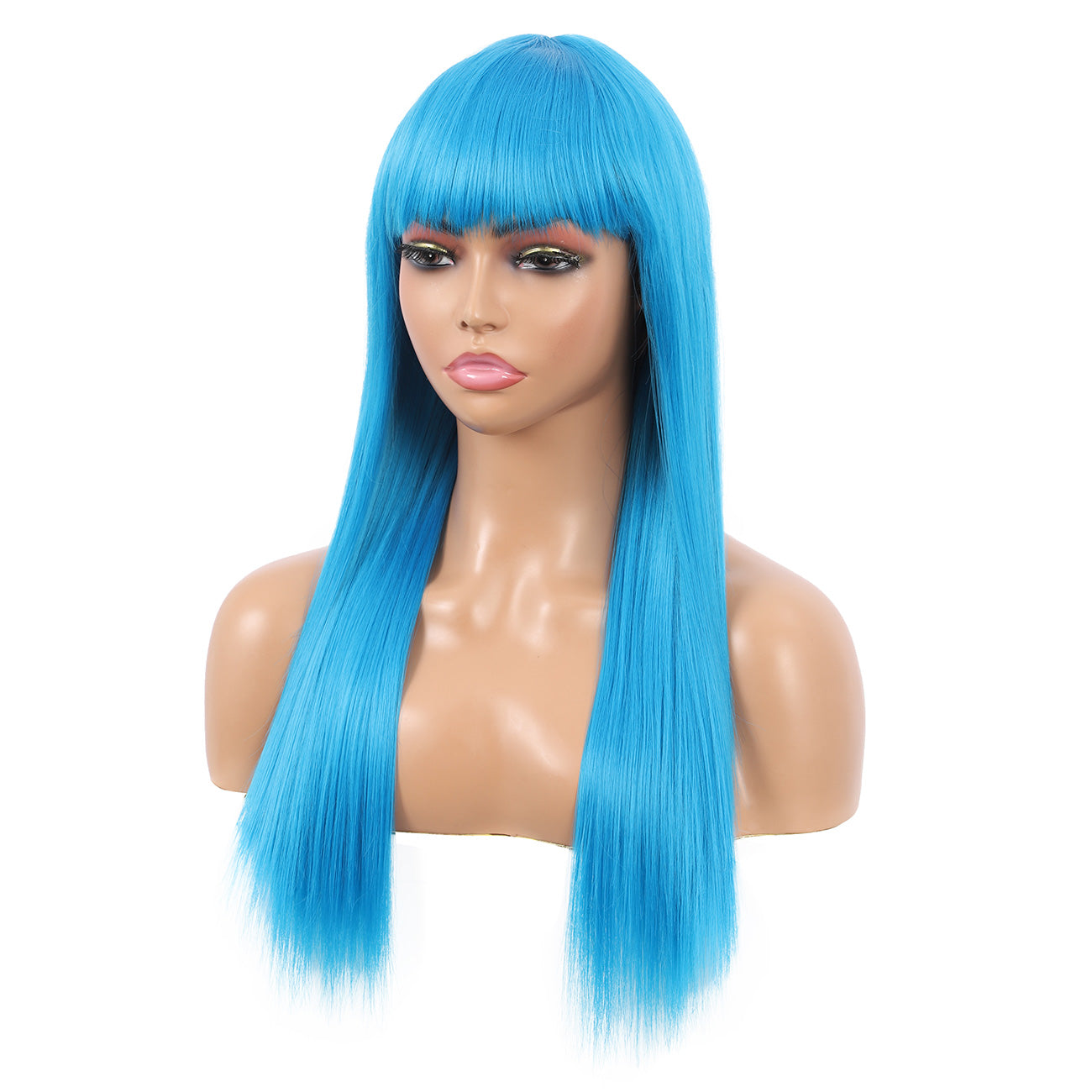 22" Long Straight Silky Smooth Synthetic Hair Wigs with Bangs for Women High Temperature Yaki Texture Full Hair Wigs for Women (Bright Blue)