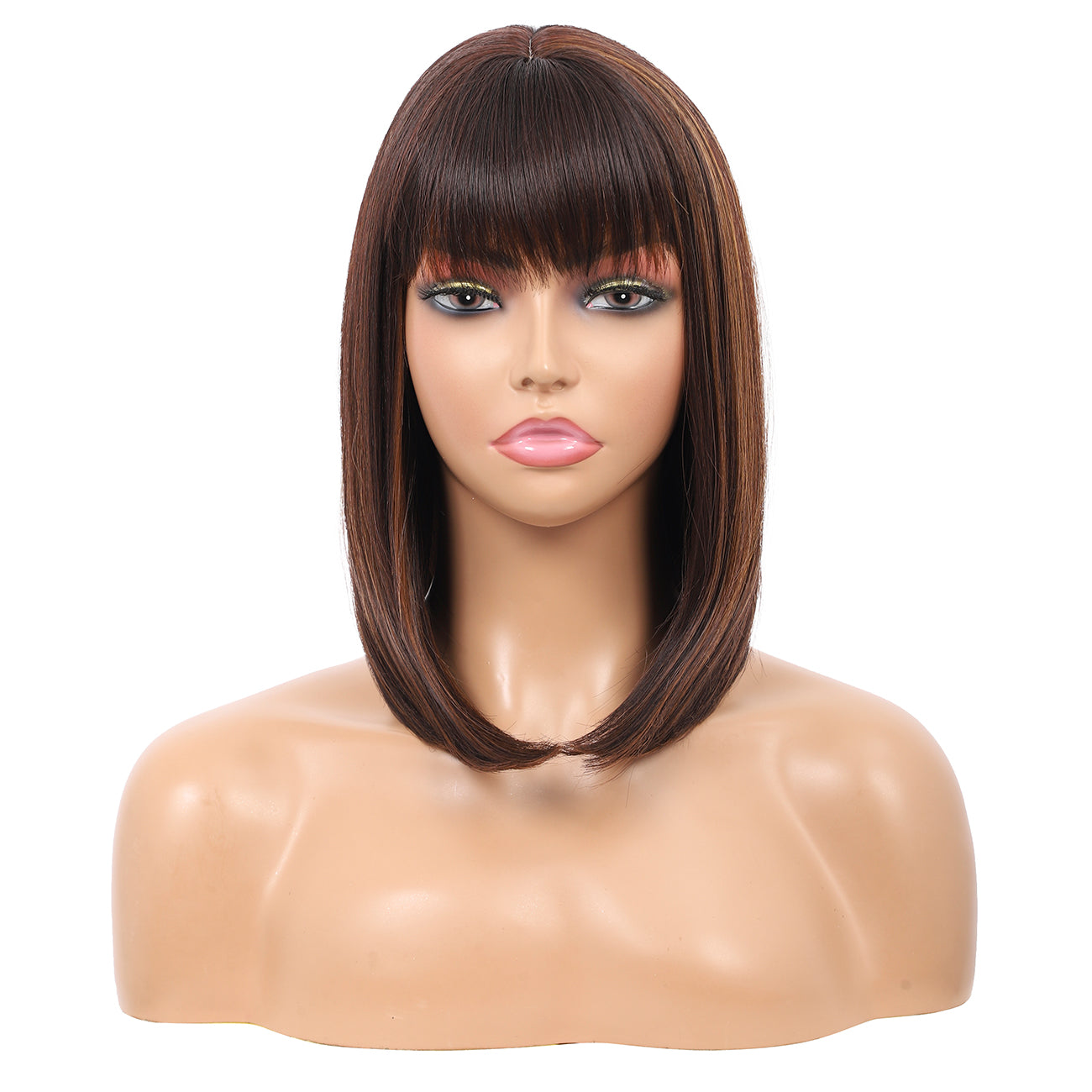 Bob Wigs for Women Short Straight Bob Wig with Hair Bangs Natural Looking Heat Resistant Synthetic Hair Wigs for Women 13 Inches (Brown Highlights)