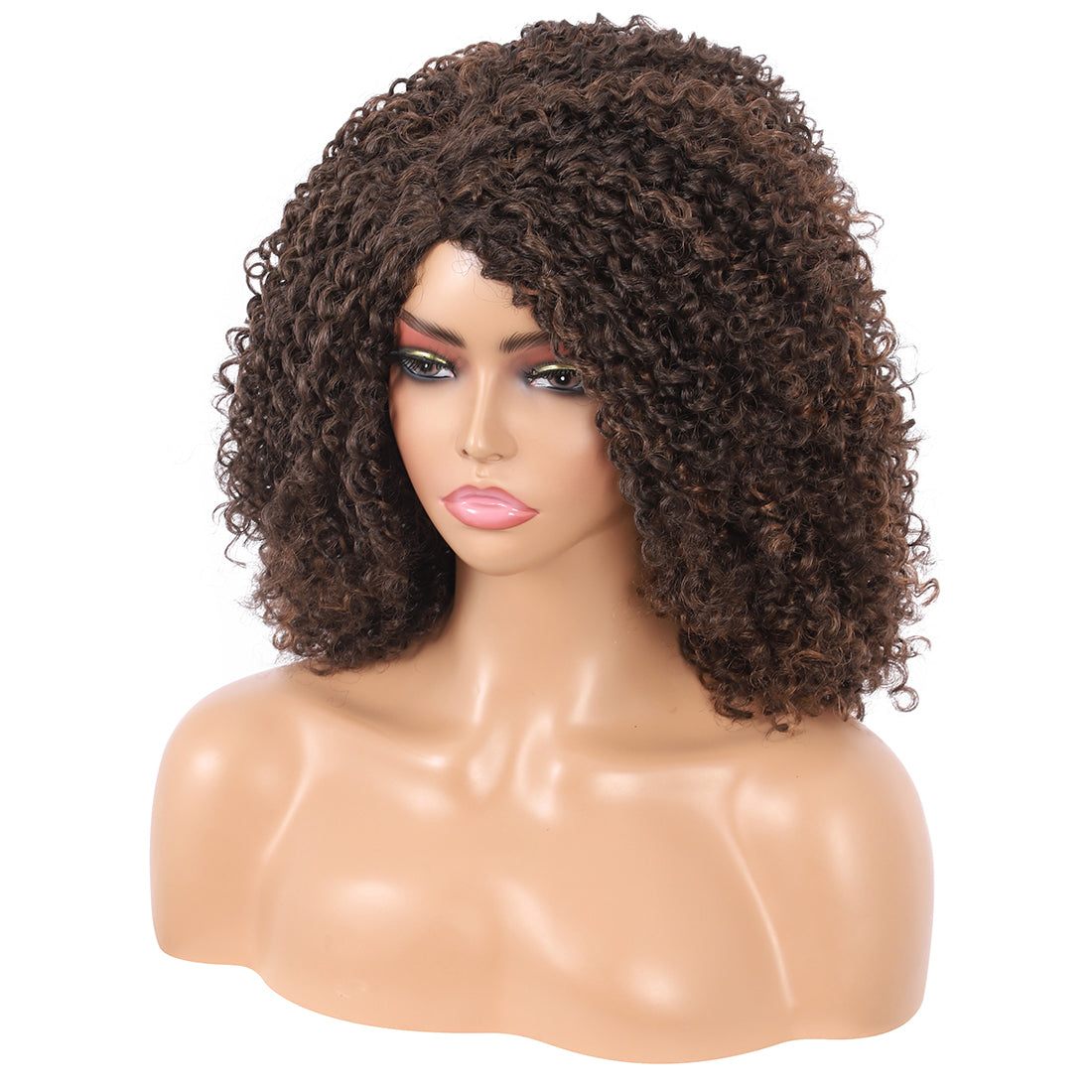 Short Afro Kinky Curly Wigs for Women Side Curved Side Part Natural Looking Big,Bouncy and Super Soft Premium Synthetic Afro Curls Wigs for Women brown highlights