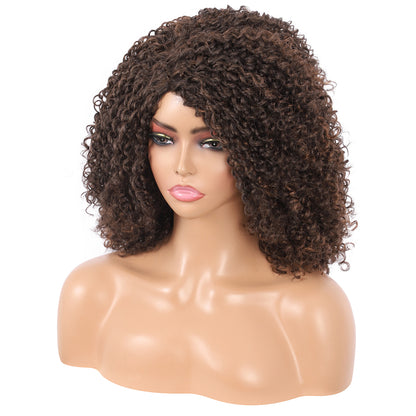 Short Afro Kinky Curly Wigs for Women Side Curved Side Part Natural Looking Big,Bouncy and Super Soft Premium Synthetic Afro Curls Wigs for Women brown highlights
