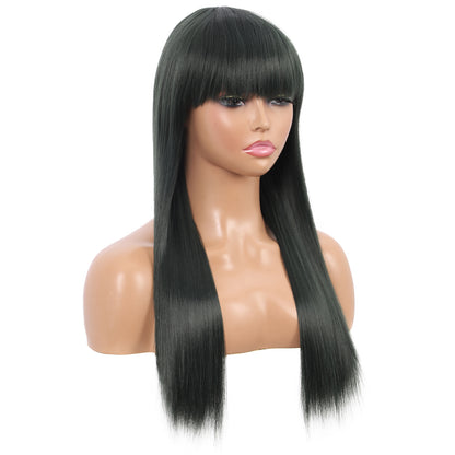 22" Long Straight Silky Smooth Synthetic Hair Wigs with Bangs for Women High Temperature Yaki Texture Full Hair Wigs for Women (Blackish Green)
