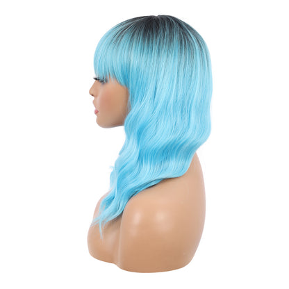Short Synthetic Rooted ice blue with Hair Bangs Short Wavy Curly Wig for Women -Natural Looking and Heat Resistant Full Head Hair Replacement Wig for Daily Wear or Costume Wig
