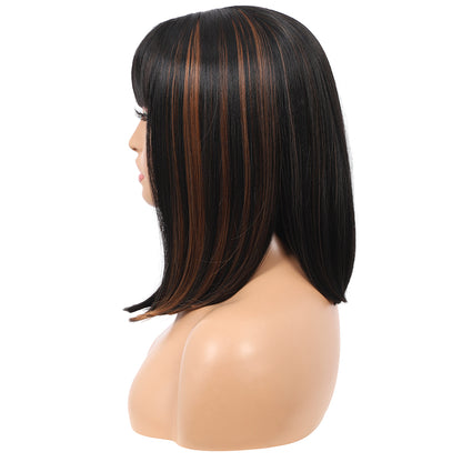 Bob Wigs for Women Short Straight Bob Wig with Hair Bangs Natural Looking Heat Resistant Synthetic Hair Wigs for Women 13 Inches (Black brown highlights)