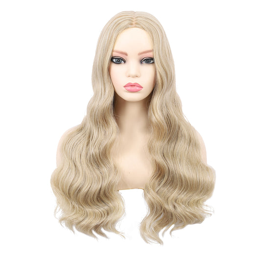 18 Inch T‑Part Lace Front Wig Middle Part Long Water Wave Wig Synthetic Wigs Darily Party Dress Women Wigs（Platinum Blonde）