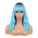 Short Synthetic Rooted ice blue with Hair Bangs Short Wavy Curly Wig for Women -Natural Looking and Heat Resistant Full Head Hair Replacement Wig for Daily Wear or Costume Wig