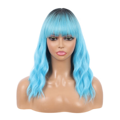 Short Synthetic Rooted ice blue with Hair Bangs Short Wavy Curly Wig for Women -Natural Looking and Heat Resistant Full Head Hair Replacement Wig for Daily Wear or Costume Wig