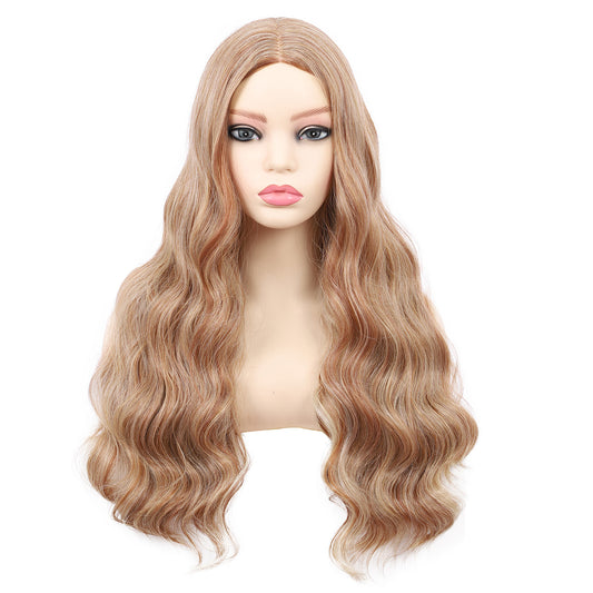 18 Inch T‑Part Lace Front Wig Middle Part Long Water Wave Wig Synthetic Wigs Darily Party Dress Women Wigs（Light brown and honey blonde mixed）