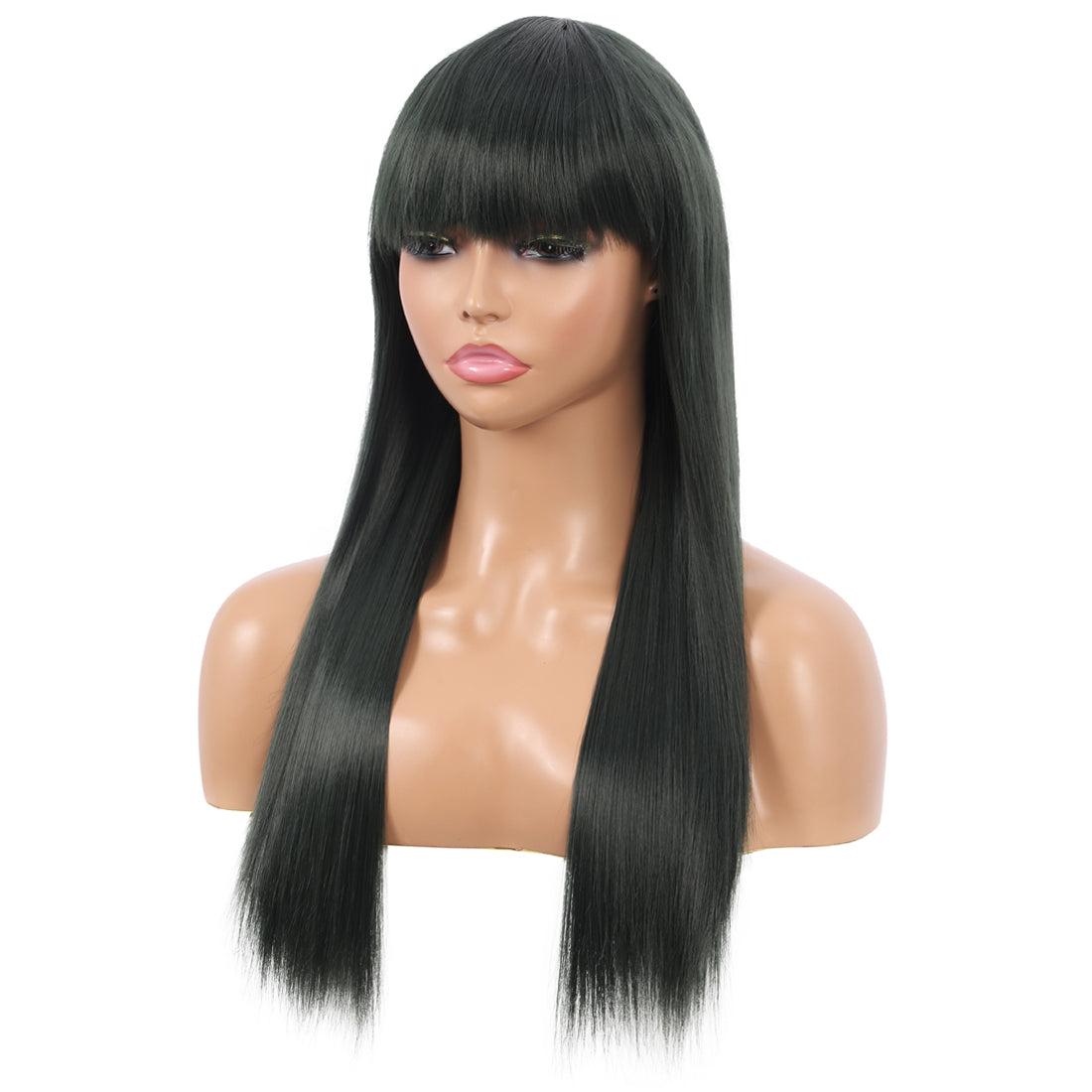22" Long Straight Silky Smooth Synthetic Hair Wigs with Bangs for Women High Temperature Yaki Texture Full Hair Wigs for Women (Blackish Green)