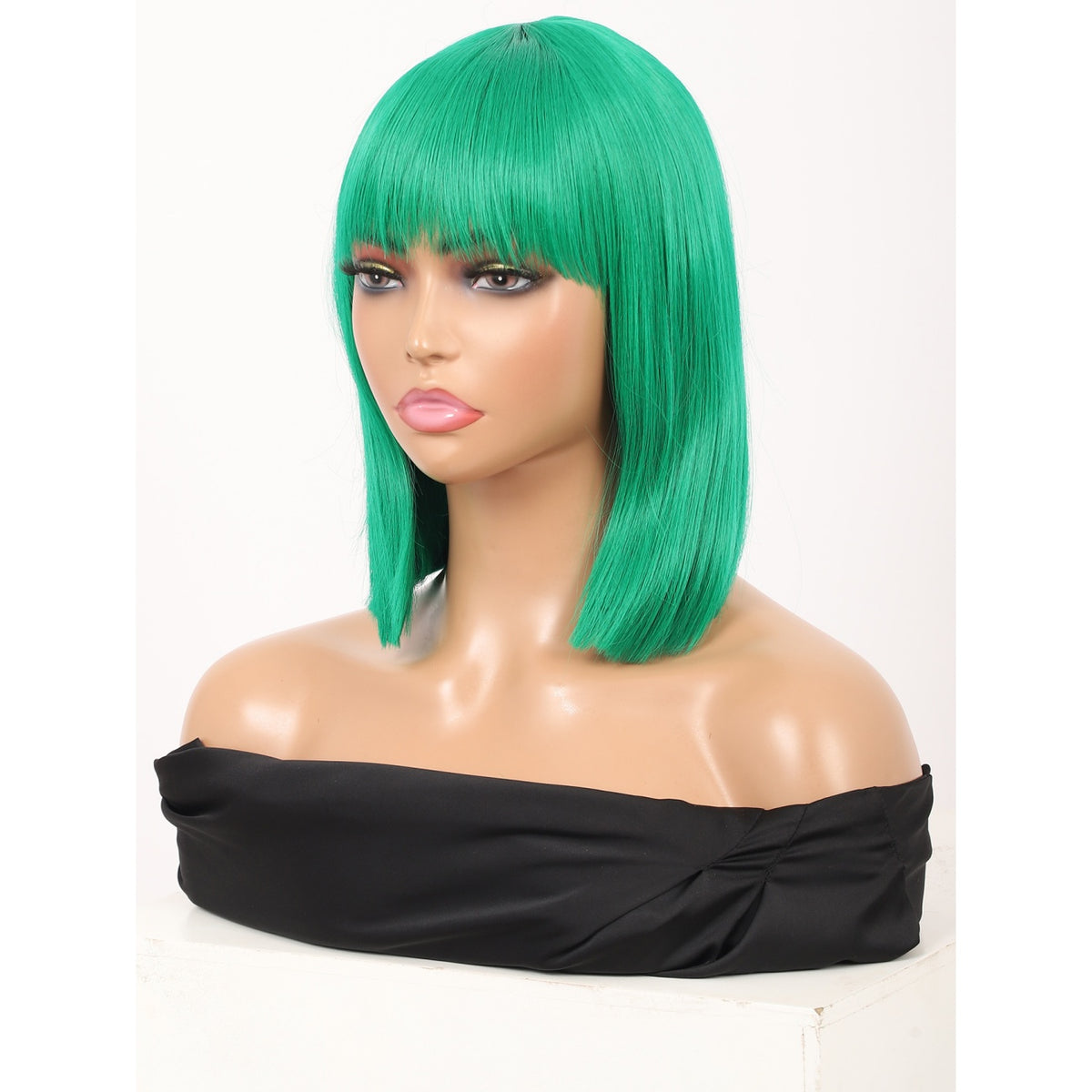 Green Short Straight Bob Wig with Bangs Yaki Short Wig Glueless Natural Look Easy Wear 12"