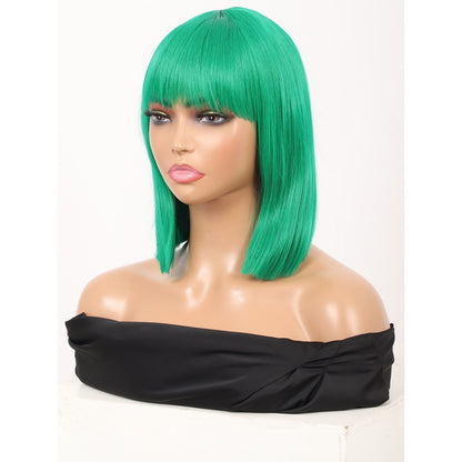 Green Short Straight Bob Wig with Bangs Yaki Short Wig Glueless Natural Look Easy Wear 12"