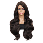 28 inches Brown Yaki Synthetic Hair Wigs for Women Long Body Wavy Curly Wigs L Parting Natural Looking Heat Resistant Replacement Wigs