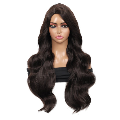28 inches Brown Yaki Synthetic Hair Wigs for Women Long Body Wavy Curly Wigs L Parting Natural Looking Heat Resistant Replacement Wigs