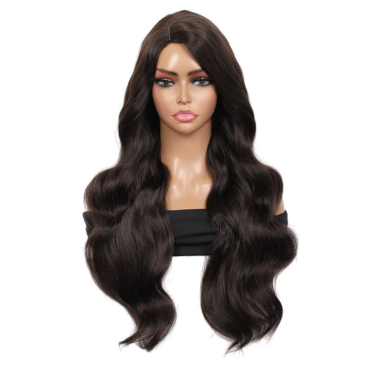 28 inches Brown Yaki Synthetic Hair Wigs for Women Long Body Wavy Curly Wigs L Parting Natural Looking Heat Resistant Replacement Wigs