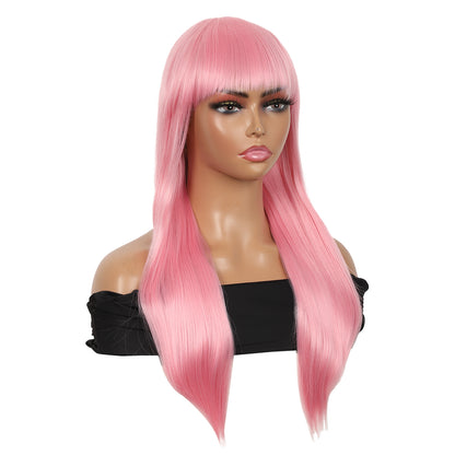 22" Long Straight Silky Smooth Synthetic Hair Wigs with Bangs for Women High Temperature Yaki Texture Full Hair Wigs for Women (Light Pink)