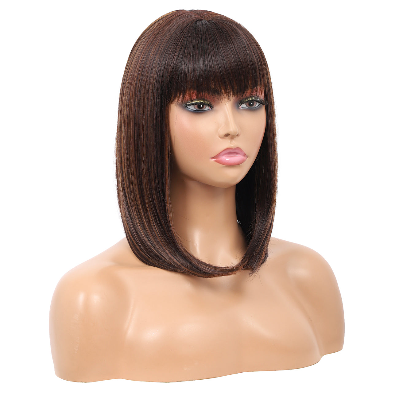 Bob Wigs for Women Short Straight Bob Wig with Hair Bangs Natural Looking Heat Resistant Synthetic Hair Wigs for Women 13 Inches (Brown Highlights)
