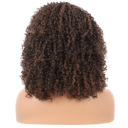 Short Afro Kinky Curly Wigs for Women Side Curved Side Part Natural Looking Big,Bouncy and Super Soft Premium Synthetic Afro Curls Wigs for Women brown highlights