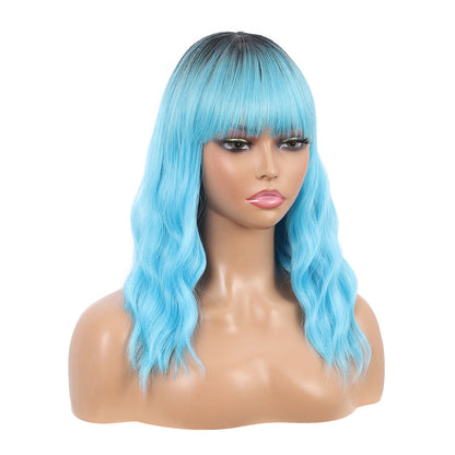 Short Synthetic Rooted ice blue with Hair Bangs Short Wavy Curly Wig for Women -Natural Looking and Heat Resistant Full Head Hair Replacement Wig for Daily Wear or Costume Wig