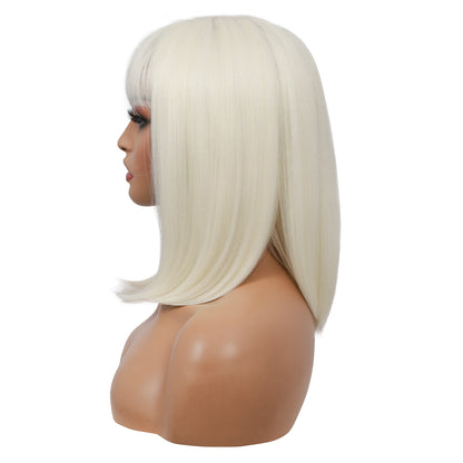 Bob Wigs for Women Short Straight Bob Wig with Hair Bangs Natural Looking Heat Resistant Synthetic Hair Wigs for Women 13 Inches (Platinum Blonde)