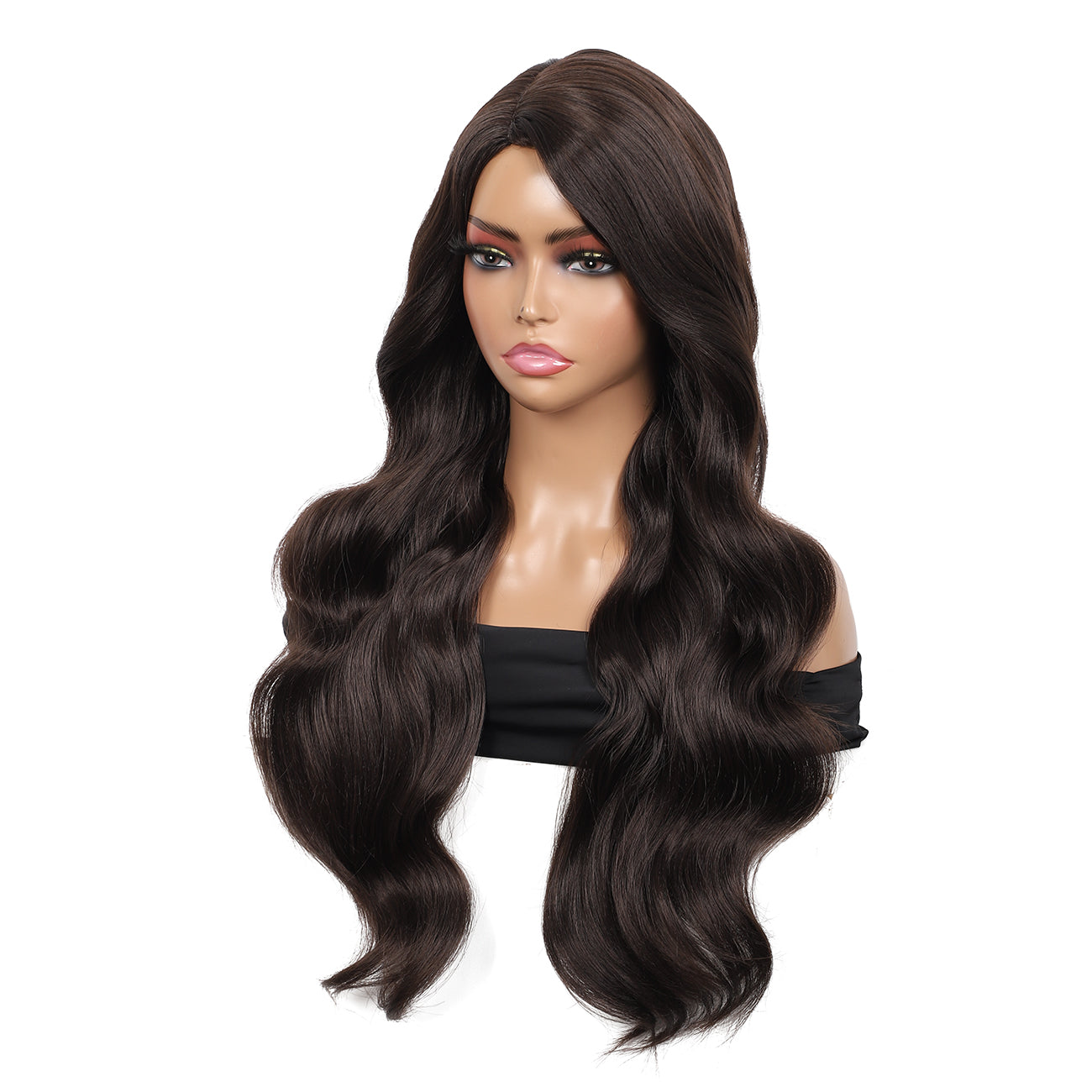 28 inches Brown Yaki Synthetic Hair Wigs for Women Long Body Wavy Curly Wigs L Parting Natural Looking Heat Resistant Replacement Wigs