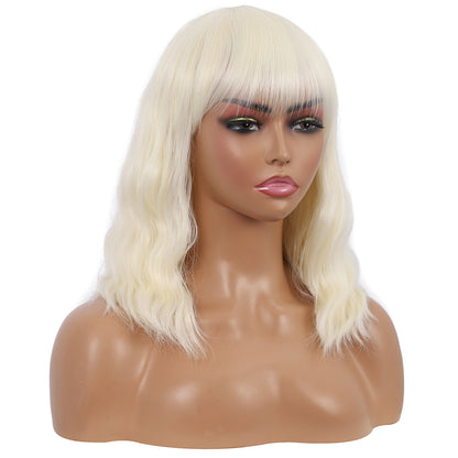 Short Synthetic Platinum blonde Wig with Hair Bangs Short Wavy Curly Wig for Women -Natural Looking and Heat Resistant Full Head Hair Replacement Wig for Daily Wear or Costume Wig