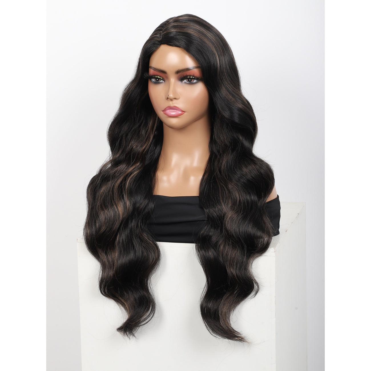 28 inches Black Brown Highlights Yaki Synthetic Hair Wigs for Women Long Body Wavy Curly Wigs L Parting Natural Looking Heat Resistant Replacement Wigs
