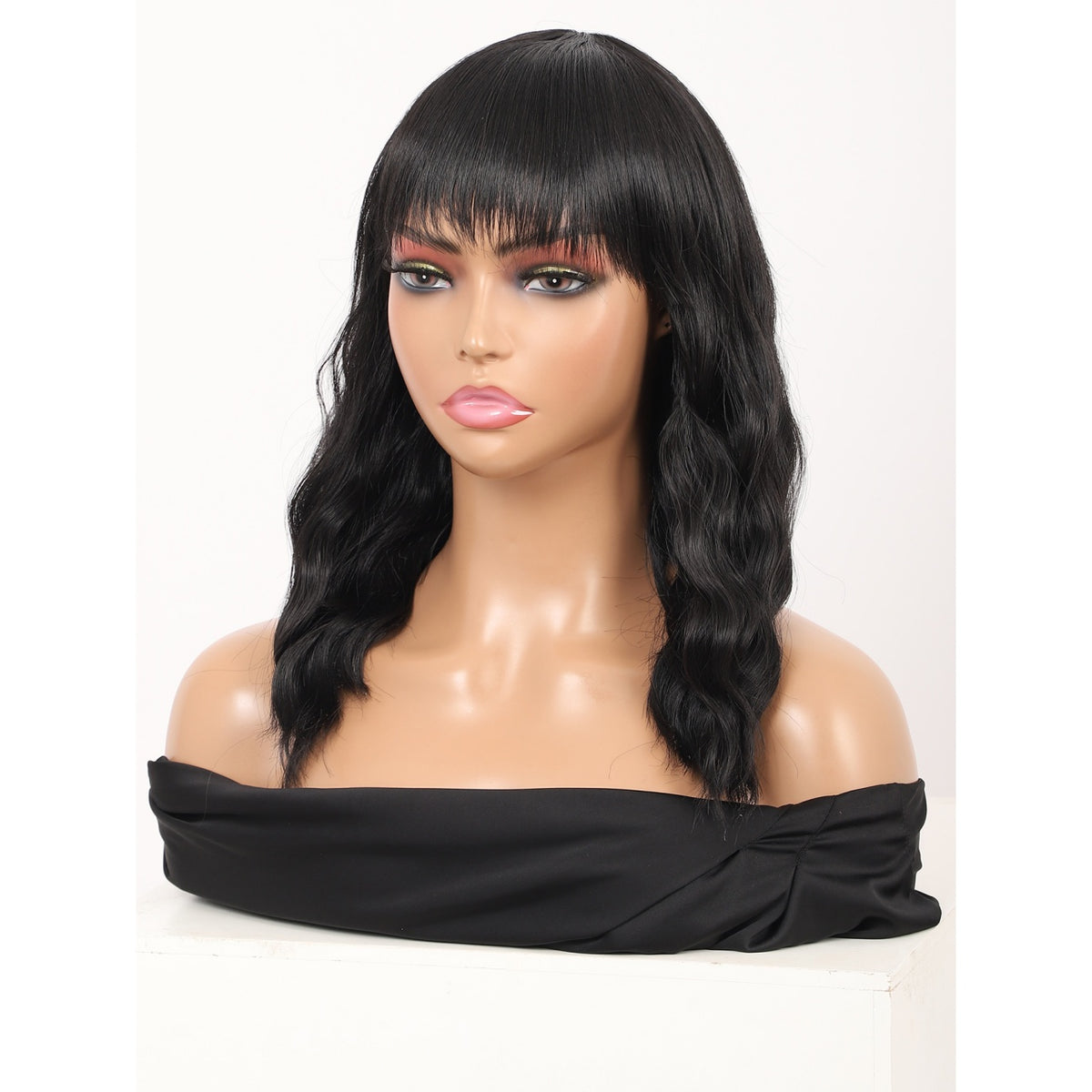 Short Synthetic Black Wig with Hair Bangs Short Wavy Curly Wig for Women -Natural Looking and Heat Resistant Full Head Hair Replacement Wig for Daily Wear or Costume Wig