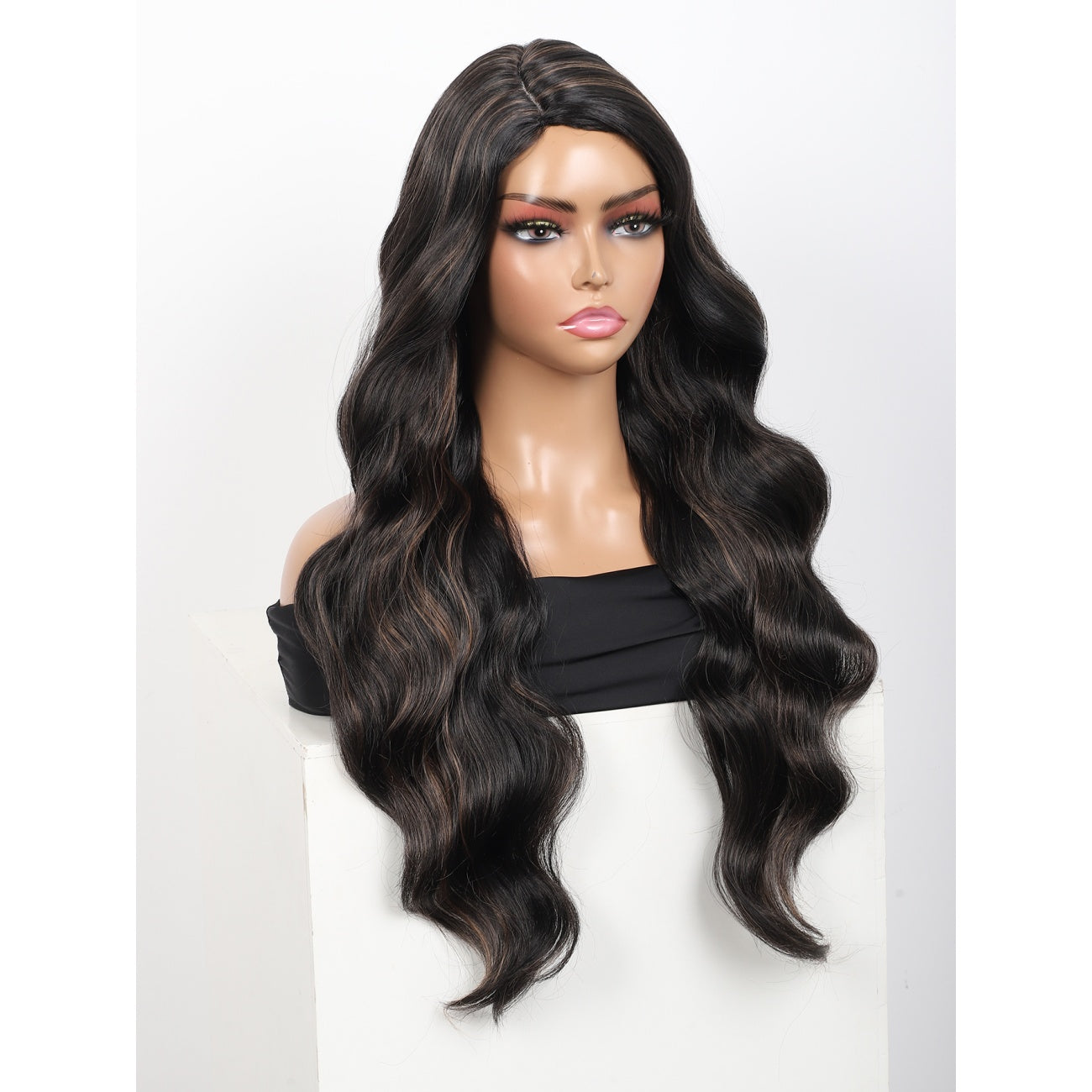 28 inches Black Brown Highlights Yaki Synthetic Hair Wigs for Women Long Body Wavy Curly Wigs L Parting Natural Looking Heat Resistant Replacement Wigs