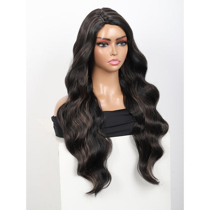 28 inches Black Brown Highlights Yaki Synthetic Hair Wigs for Women Long Body Wavy Curly Wigs L Parting Natural Looking Heat Resistant Replacement Wigs
