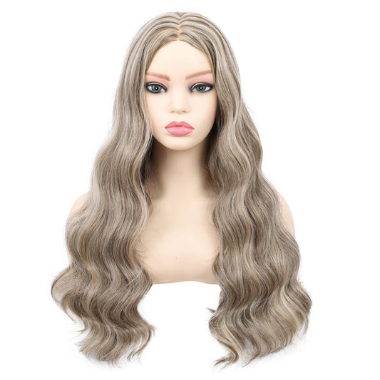 18 Inch T‑Part Lace Front Wig Middle Part Long Water Wave Wig Synthetic Wigs Darily Party Dress Women Wigs（Ash brown and silver blonde mixed）
