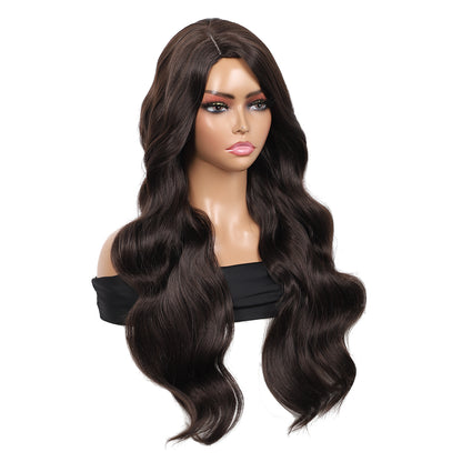 28 inches Brown Yaki Synthetic Hair Wigs for Women Long Body Wavy Curly Wigs L Parting Natural Looking Heat Resistant Replacement Wigs