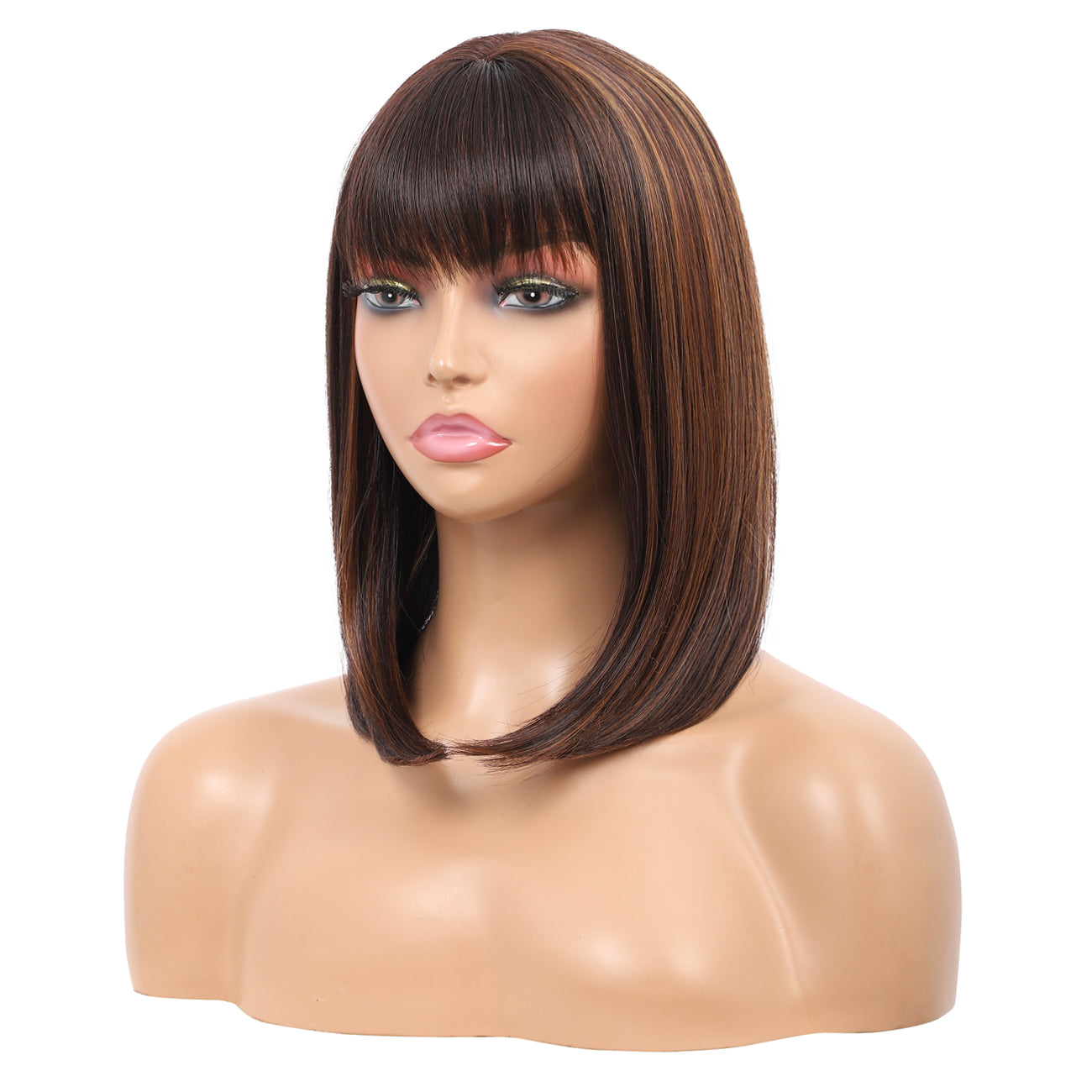 Bob Wigs for Women Short Straight Bob Wig with Hair Bangs Natural Looking Heat Resistant Synthetic Hair Wigs for Women 13 Inches (Brown Highlights)
