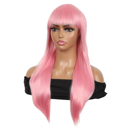 22" Long Straight Silky Smooth Synthetic Hair Wigs with Bangs for Women High Temperature Yaki Texture Full Hair Wigs for Women (Light Pink)