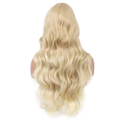 28 inches Blonde Yaki Synthetic Hair Wigs for Women Long Body Wavy Curly Wigs L Parting Natural Looking Heat Resistant Replacement Wigs