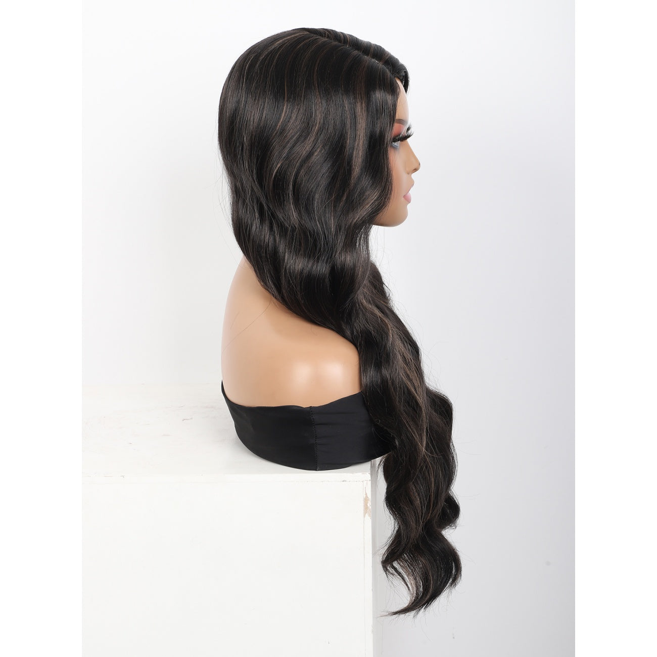 28 inches Black Brown Highlights Yaki Synthetic Hair Wigs for Women Long Body Wavy Curly Wigs L Parting Natural Looking Heat Resistant Replacement Wigs