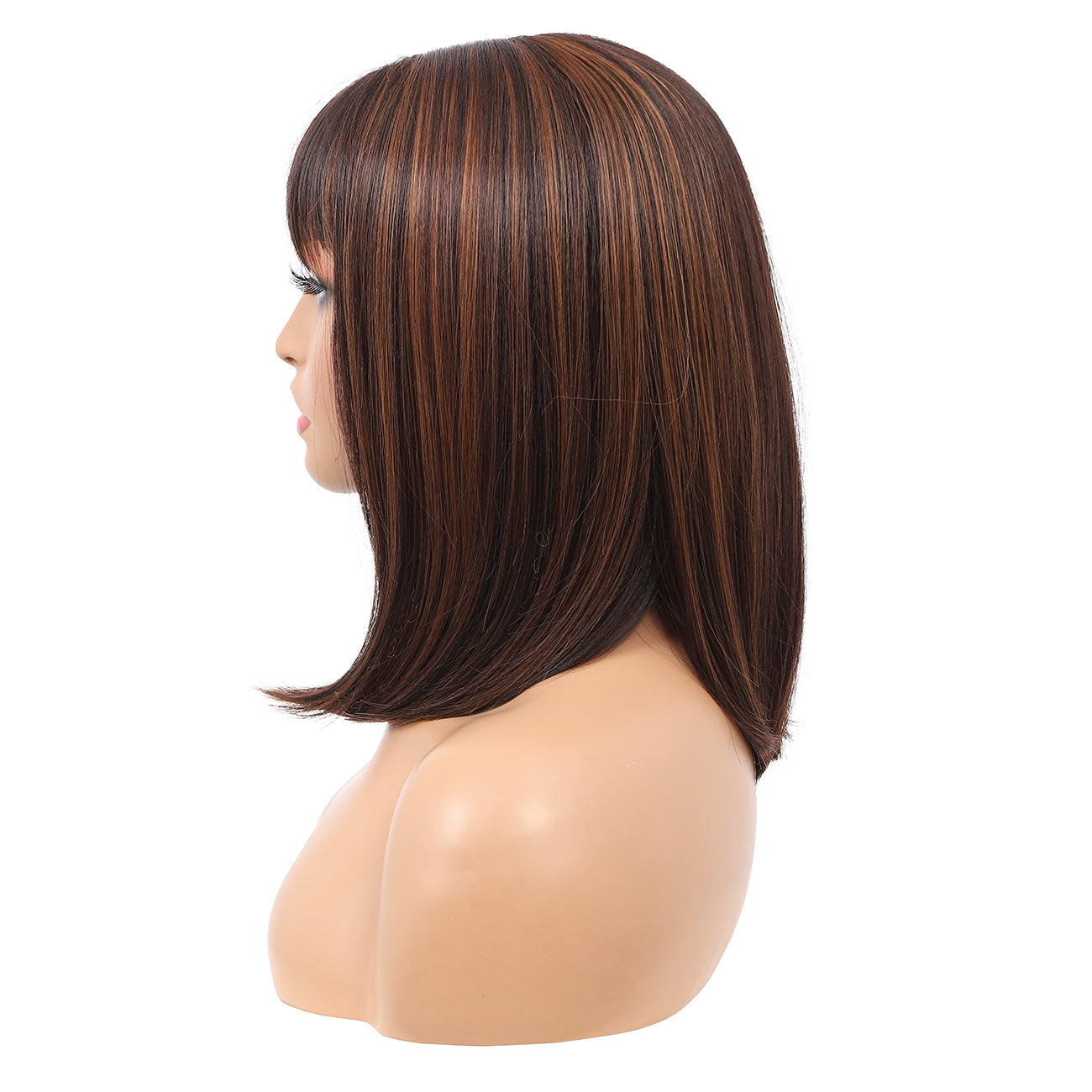 Bob Wigs for Women Short Straight Bob Wig with Hair Bangs Natural Looking Heat Resistant Synthetic Hair Wigs for Women 13 Inches (Brown Highlights)