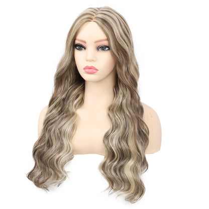 18 Inch T‑Part Lace Front Wig Middle Part Long Water Wave Wig Synthetic Wigs Darily Party Dress Women Wigs（Ash brown and silver blonde mixed）