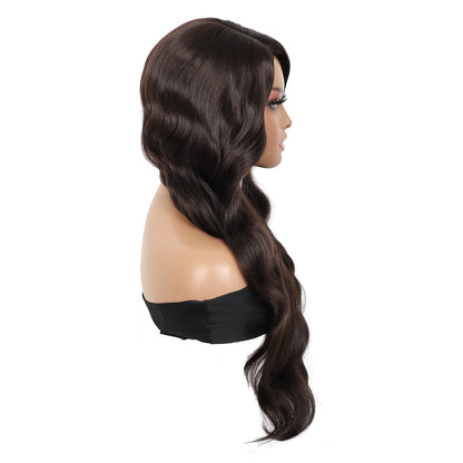 28 inches Brown Yaki Synthetic Hair Wigs for Women Long Body Wavy Curly Wigs L Parting Natural Looking Heat Resistant Replacement Wigs