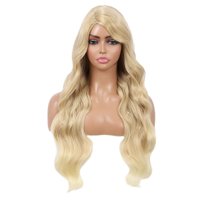 28 inches Blonde Yaki Synthetic Hair Wigs for Women Long Body Wavy Curly Wigs L Parting Natural Looking Heat Resistant Replacement Wigs
