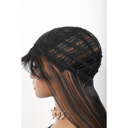 28 inches Mix Black Brown Wigs Women's Silky Long Straight Wig Heat Resistant Synthetic Wig With Bangs Hair Wig for Women